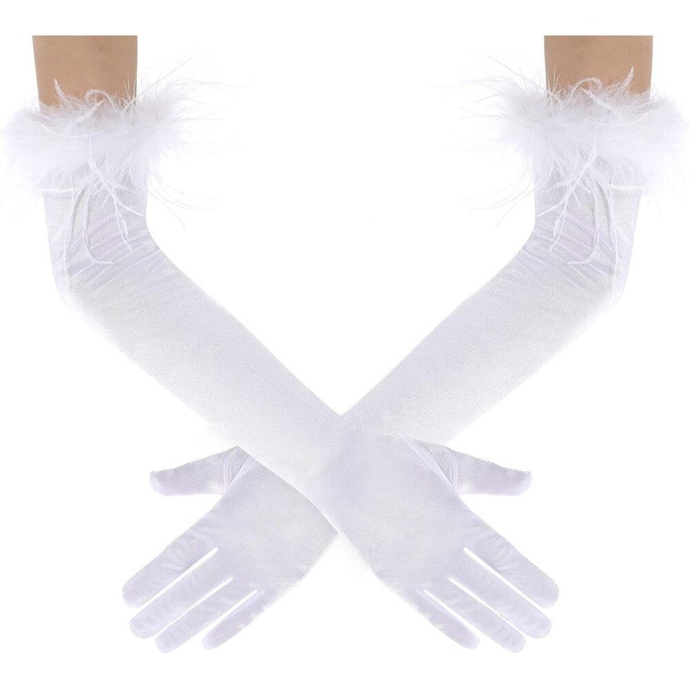 Women's Evening White Feather Long Satin Gloves Stretchy Elbow Halloween Costume